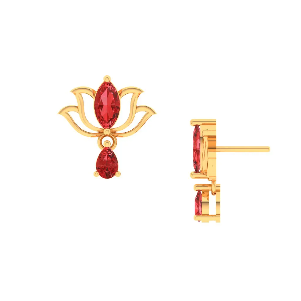 14k Lotus Shaped Gold Earrings With Red Stones