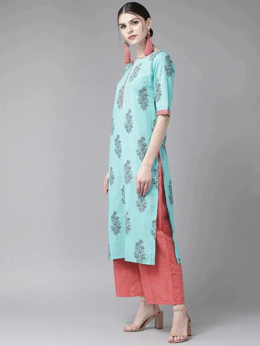 Blue Printed Cotton Straight Kurta With Palazzos & Dupatta