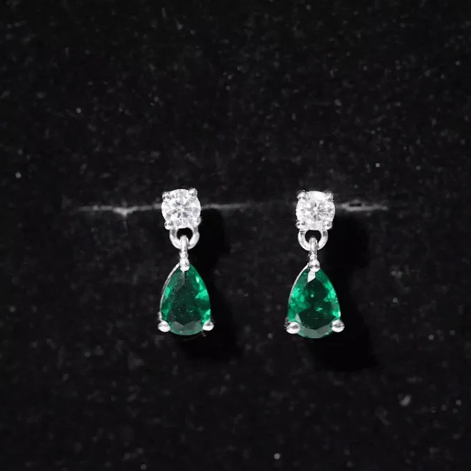 Pear Cut Lab Created Emerald and Moissanite Silver Simple Teardrop Earrings