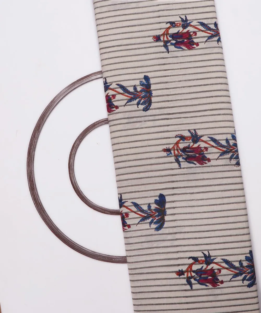 White Colour Flower and Stripe Print Cotton Slub Fabric